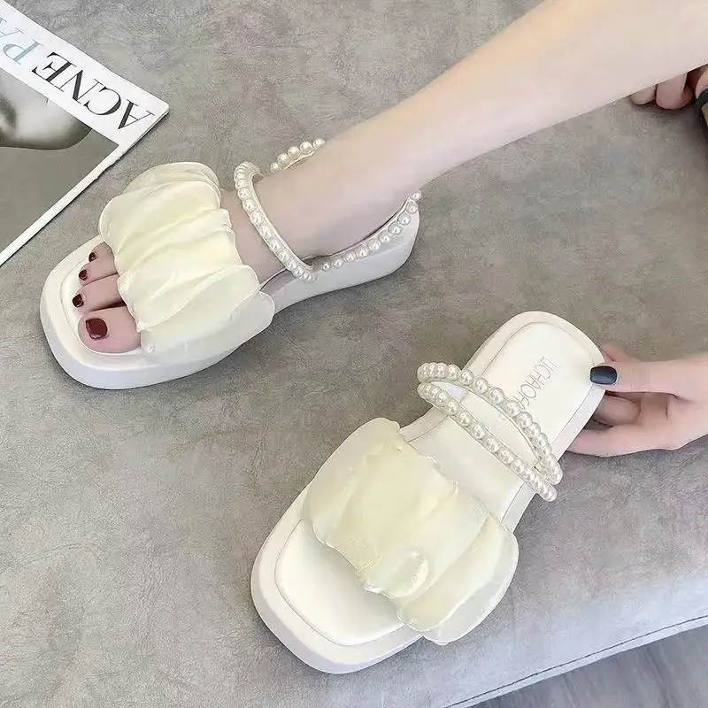 

Women's Platform Sandals 2022 Summer New Elegant Pearl Solid Casual Sandals Female Square Head Open Toe Slip-on Slippers