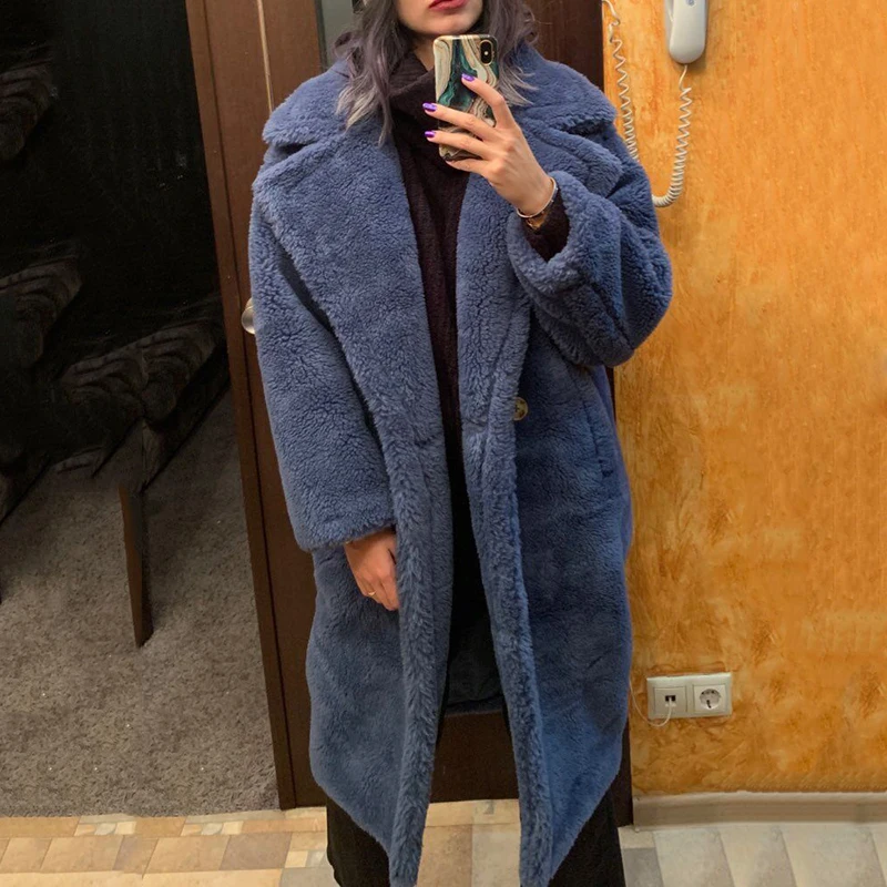 Женское длинное меховое пальто теплая свободная уличная куртка из 100%-ной шерсти