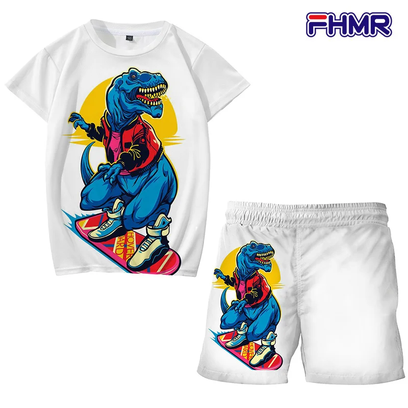 

2022Green Dino Children's Clothes Sets Boys t shirt Suit Summer T-Shirts Tops Short Pants Dinosaurs T-shirt Beach shorts clothes