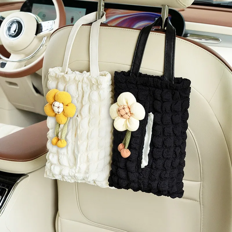

Puff Grid Car Tissue Box Cute Car Seat Hanging Paper Drawer Creative Multi-functional Car Supplies for Women