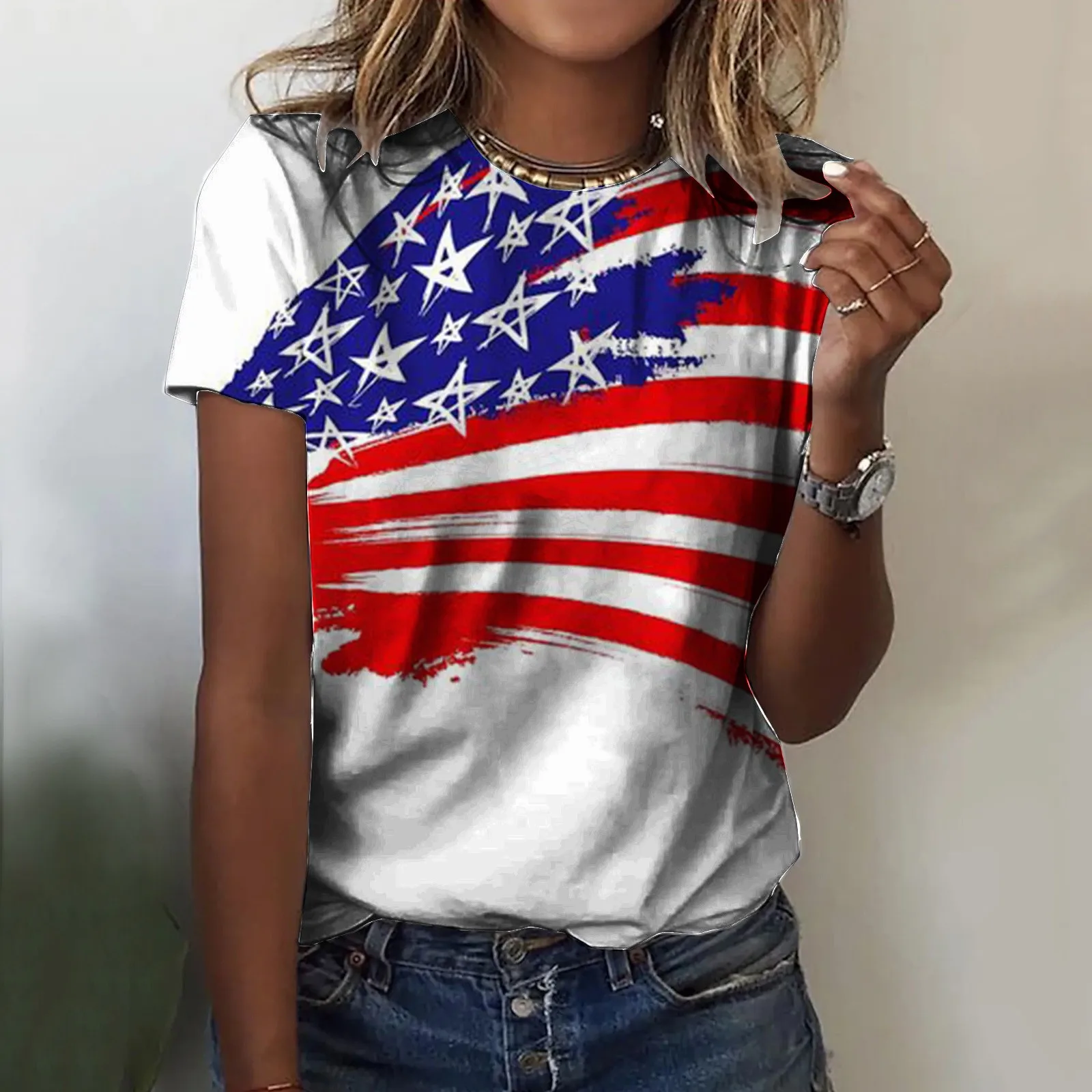 

Women's Summer Independence Day Printed Short Sleeved Round Necked 3D Digital Printed T Short Sleeve Shirts Women Basics Tee