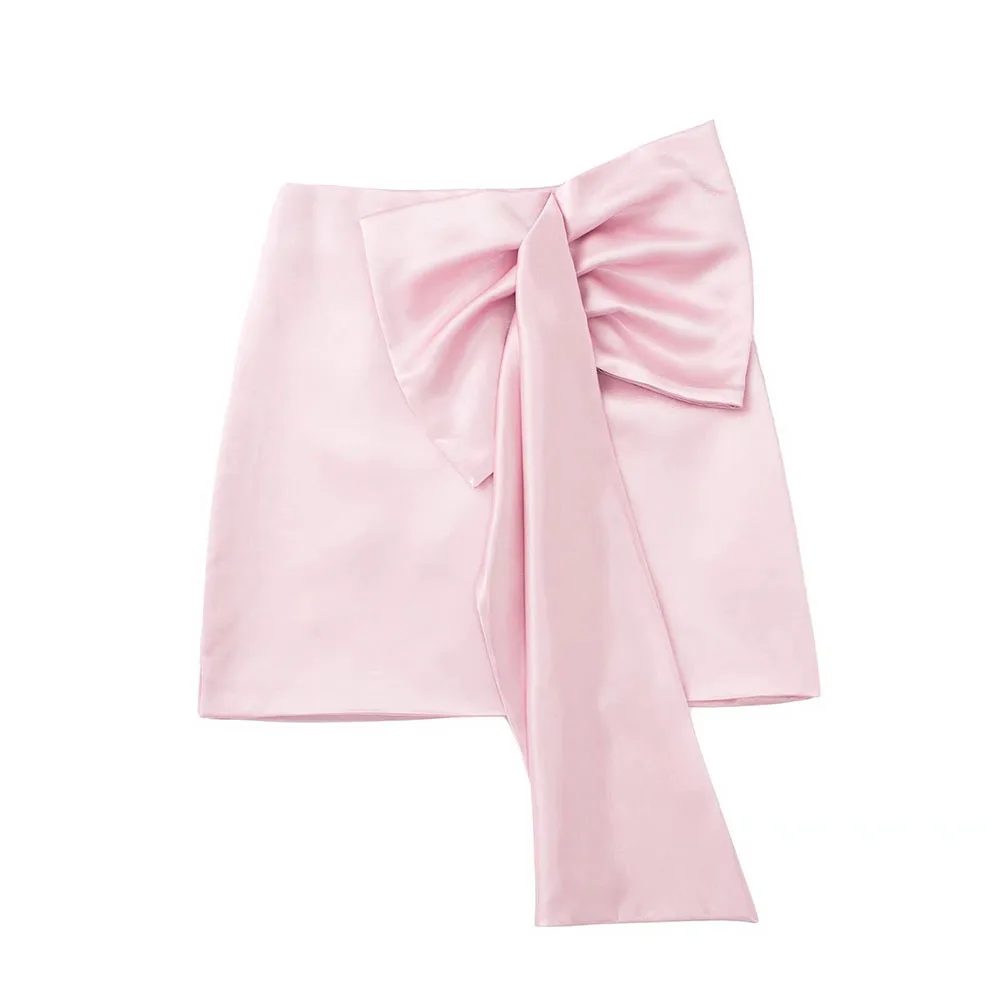 

ZATRHMBM женская одежда шелковая атласная текстура с высокой талией Мини-юбка на молнии контроль доступа бант Розовые Юбки Женская мода 2022