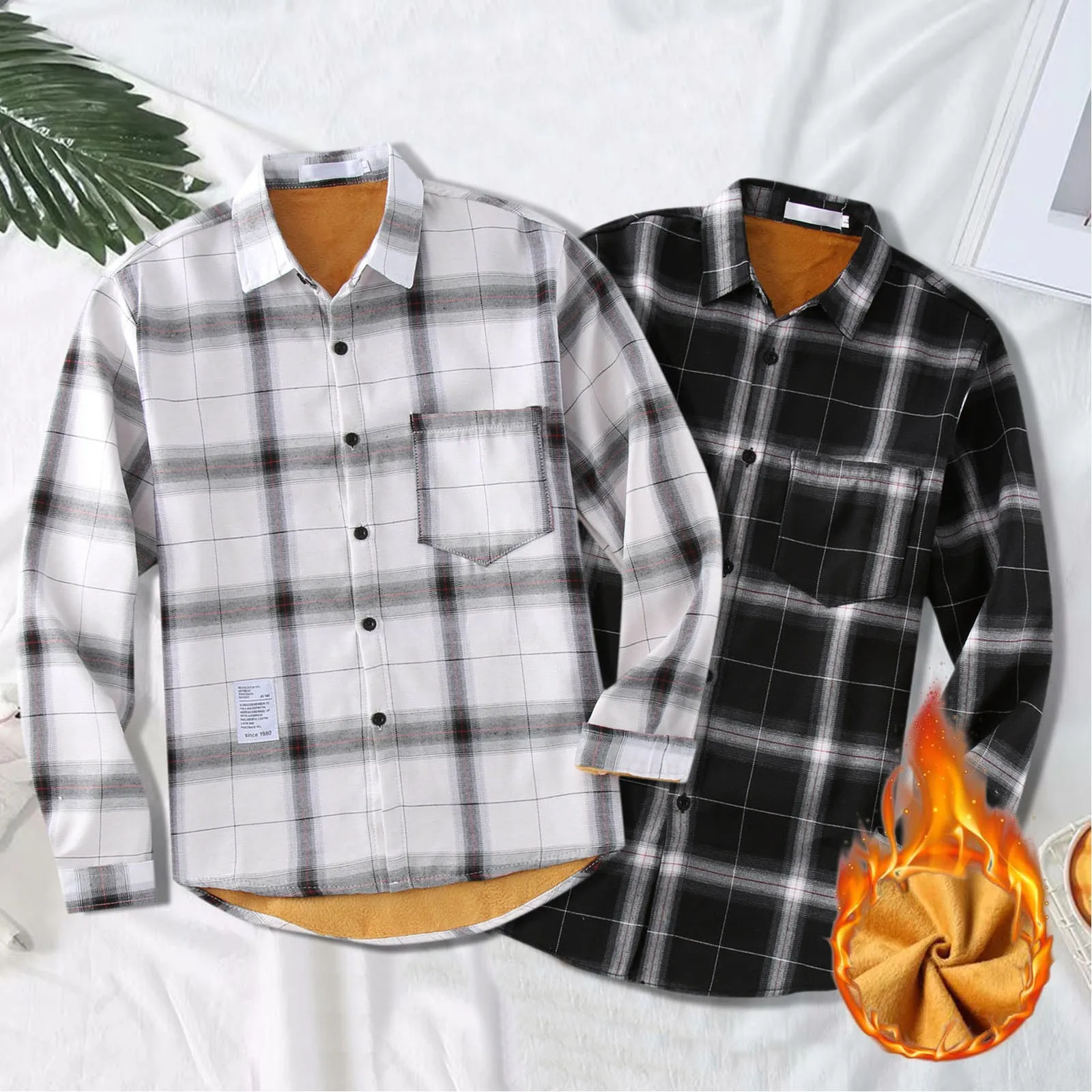 

Men Top Regular Fit Button Plaid Printing Fleece Long Sleeves Pocket Turn-Down Collar Autumn Winter Shirts Mesh Shirt