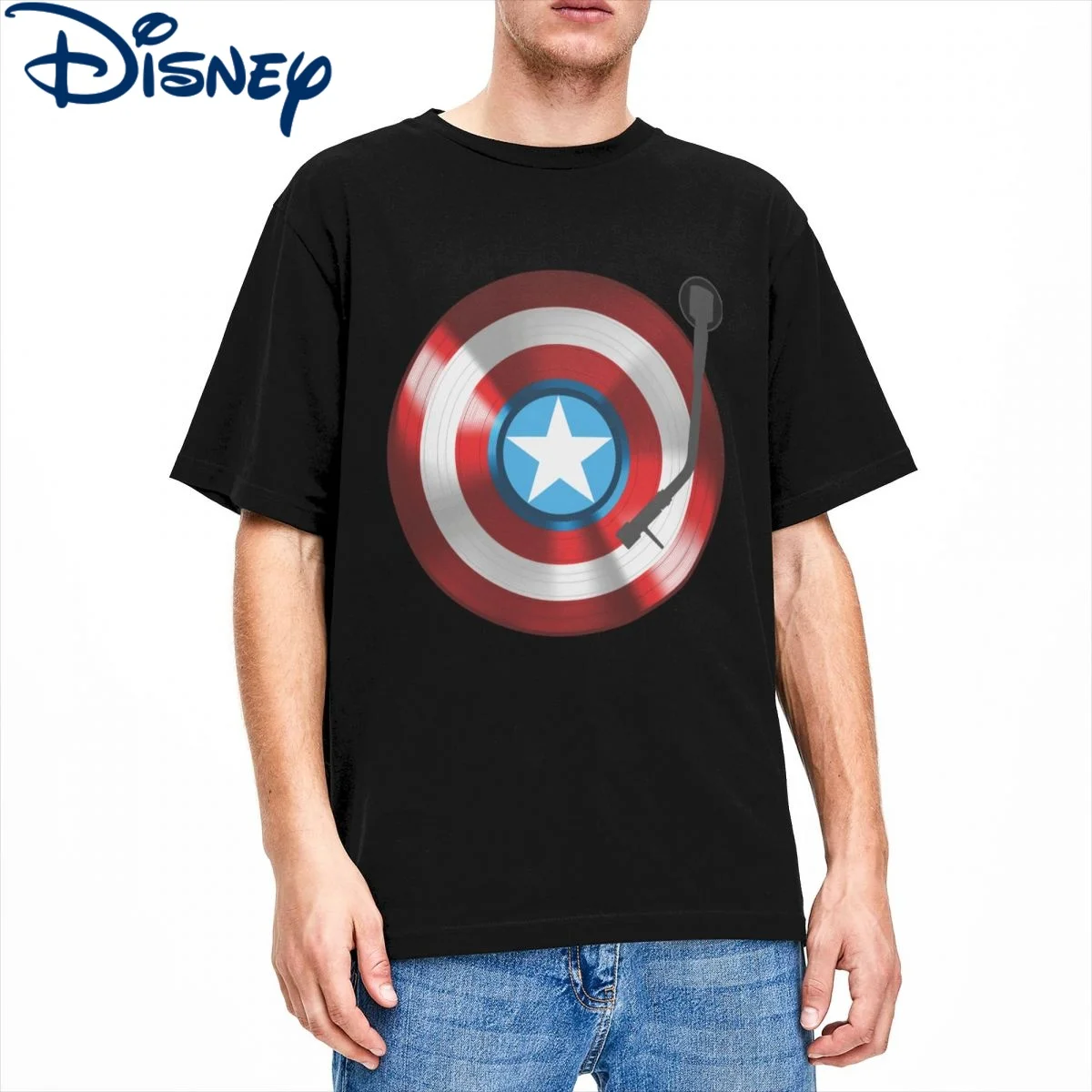 Cool Captain America Vinyl Record Player Marvel Superhero T-Shirt for Men Cotton T Shirts Short Sleeve Tees New Clothes Disney