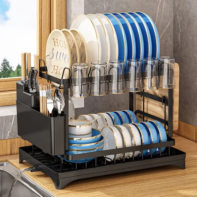 

Dish Drying Rack,2 Tier Dish Racks with Water Tray Dish Drainer for Kitchen Counter with Utensil & Cup Holder