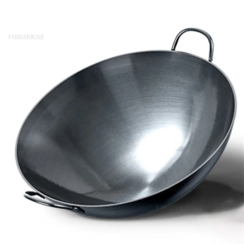 

Traditional Handmade Iron Pot Uncoated Round Bottom Large Iron Pot Household Non-stick Frying Pan Binaural Restaurant Iron Wok