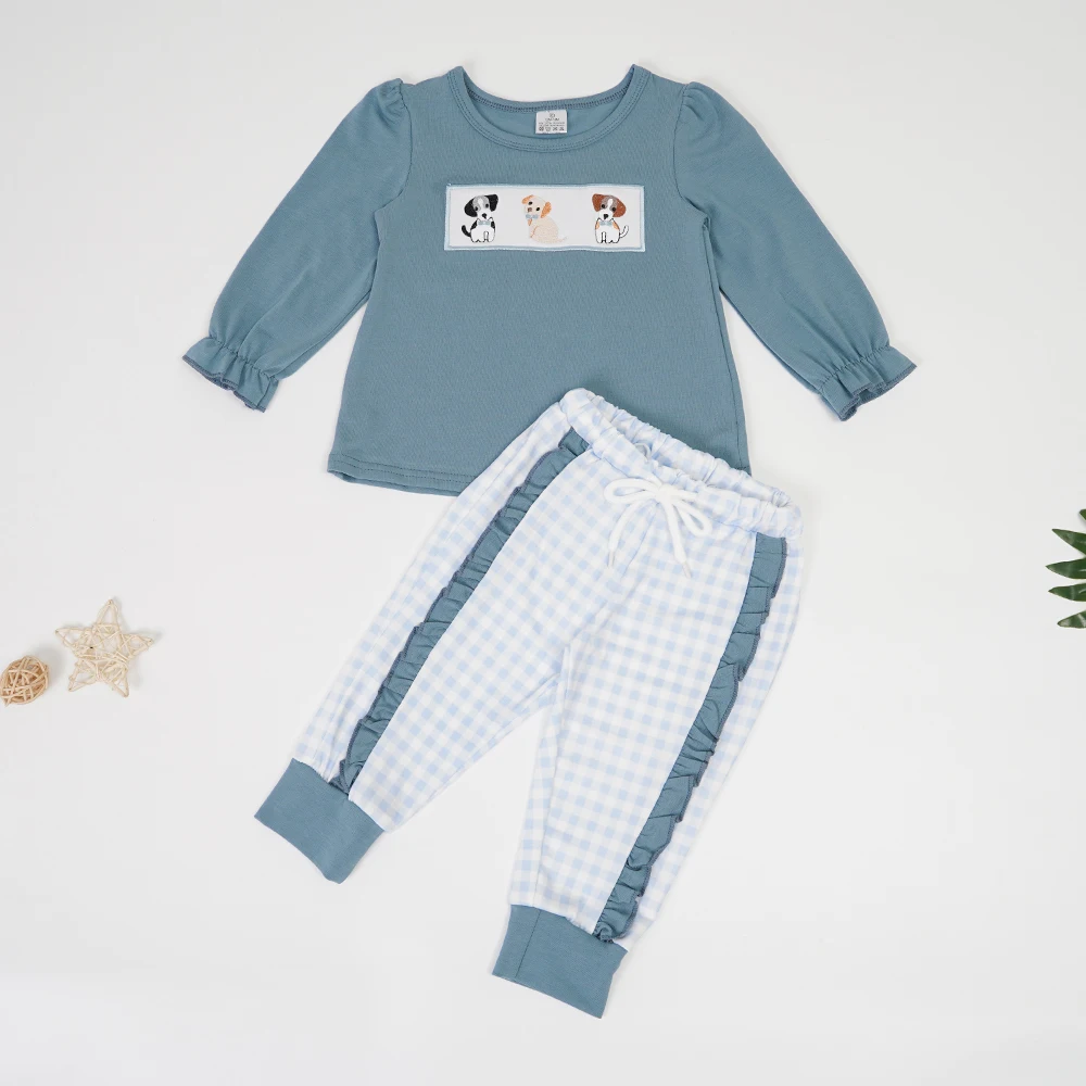 

Новое поступление 2022, темно-синее платье с длинным рукавом, комплект из 2 предметов, костюмы с милой собакой, повседневные наряды с вышивкой ...