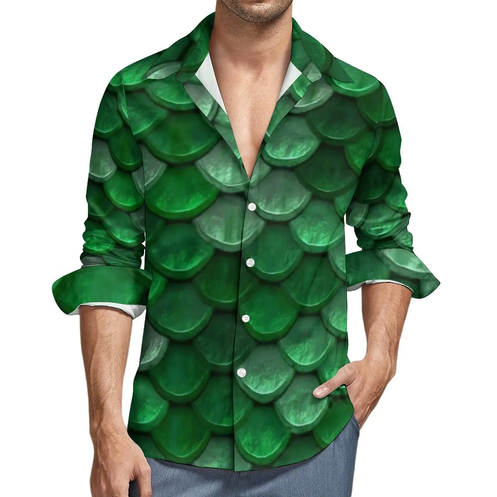 

Зеленая Женская Повседневная рубашка в виде цветной рыбьей чешуи, Весенняя блузка с длинным рукавом и рисунком Y2K, винтажный Топ оверсайз в ...