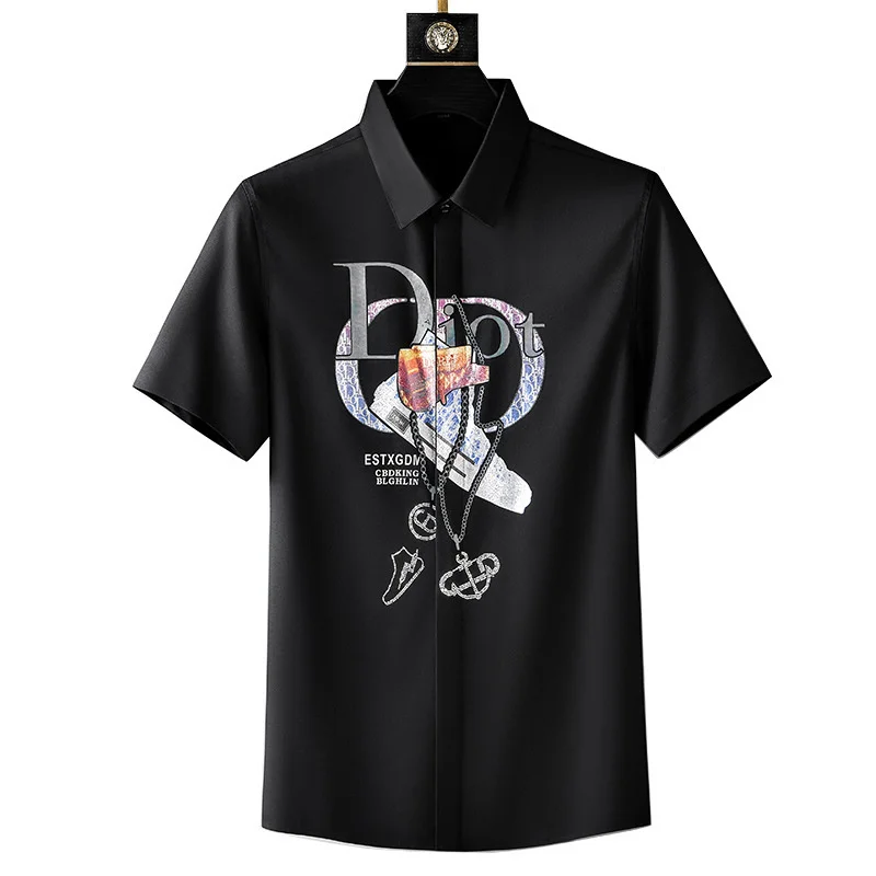

Spring Luxury Men Short Sleeve Shirts For Man Turn Down Fashion Casual Black Print Tops
