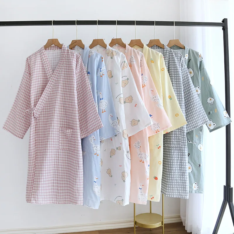 

Japanese-style Kimono Robes for Women Night Drees Summer Thin Spring and Autumn Ladies Pure Cotton Nine-point Sleeve Bathrobe