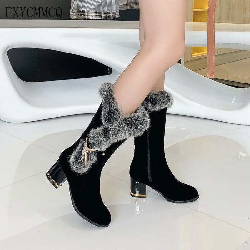 

FXYCMMCQ European and American Winter Thick Heel Round Toe Side Zipper Rabbit Fur Collar Women's Boots F26