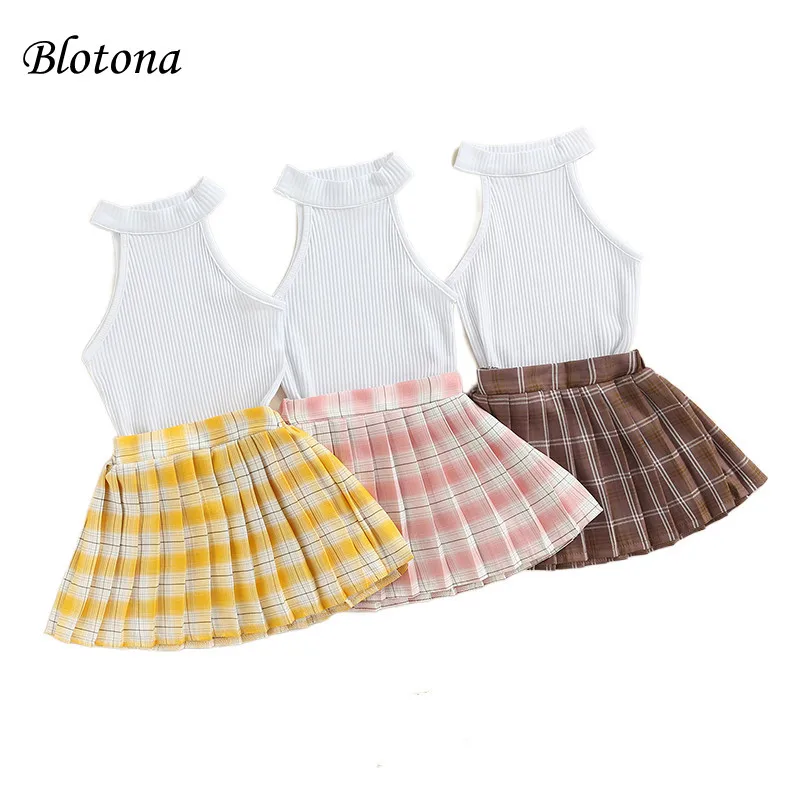 

Детская одежда для маленьких девочек Blotona, однотонный топ без рукавов в рубчик и клетчатая плиссированная мини-юбка с принтом, летний наряд