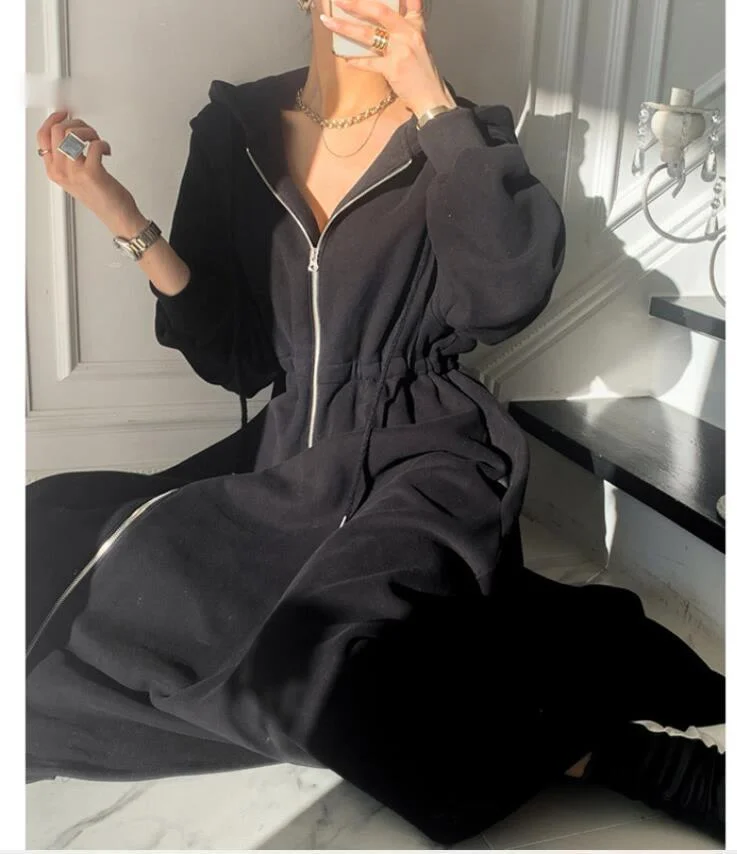 

2022 Spring Fall Soild Long Sleeve Slim Zip Hoodie Cardigan Women Vintage Mid Length High Waist Hooded Sweater Long Dress Coat