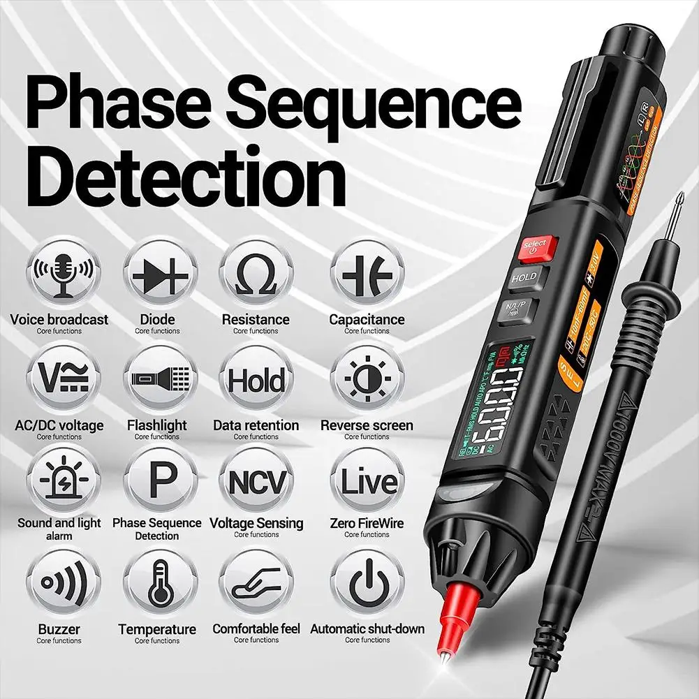 

Pen Type Digital Multimeter AC/DC Voltage Tester 6000 Counts Intelligent Professional Current Meter With Flashlight