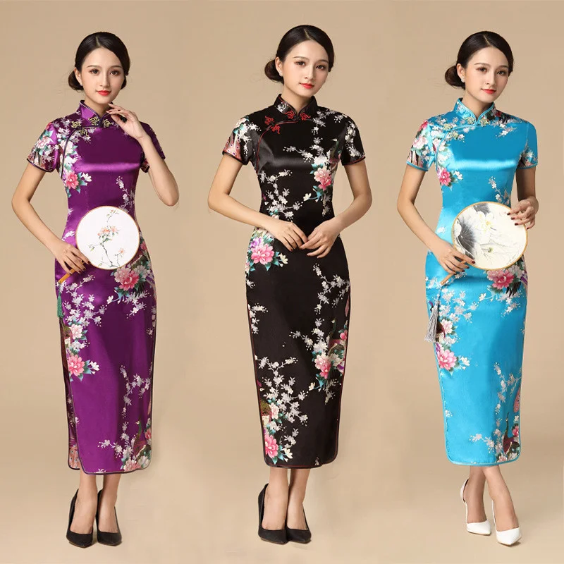 

Floral&Peacock Women Traditional Chinese Dress Vintage Mandarin Collar Qipao Oversize Long Slim Cheongsam 3XL 4XL 5XL 6XL