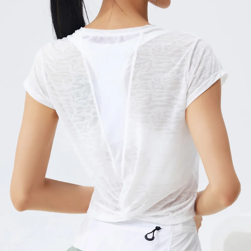 Translucent Cutout Breathable T Shirt Summer New Short Sleeve Loose Run Gym Workout Crop Tops Women Yoga Fitness Sports Shirts
