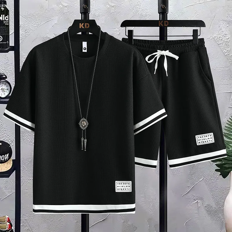 Waffle Casual Suit Men's Summer Ice Silk Short Sleeve T-shirt Men's Suit with Handsome Large Size Sports Suit