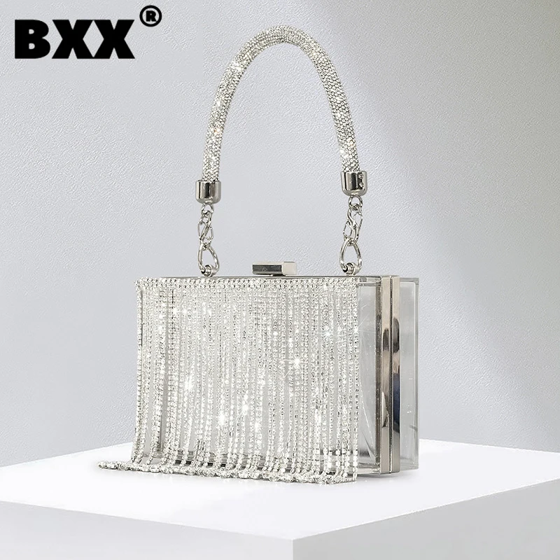 

[BXX] Fashion Women's Handbag Rhinestone Tassel Chain One Shoulder Acrylic Transparent Crossbody Bag White Dinner Bags 8CY134
