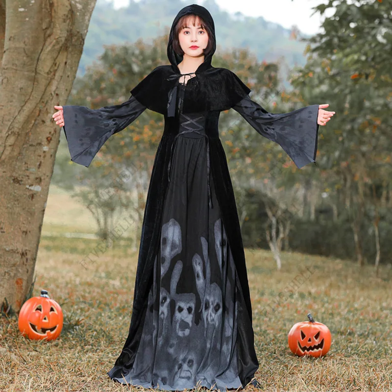 

Women's Halloween Ghost bride Cosplay Costume Black Fantasy Luminous Skull Print Witch Evil Hooded Shawl Robe Stage Costume