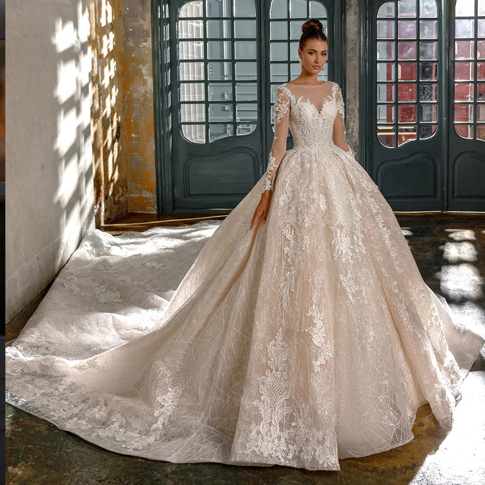

Luxurious Elegant Vestidos De Novia Ball Gown Wedding Dress Applique Long Sleeves Abito Da Sposa Sequin Beading Robes De Mariage