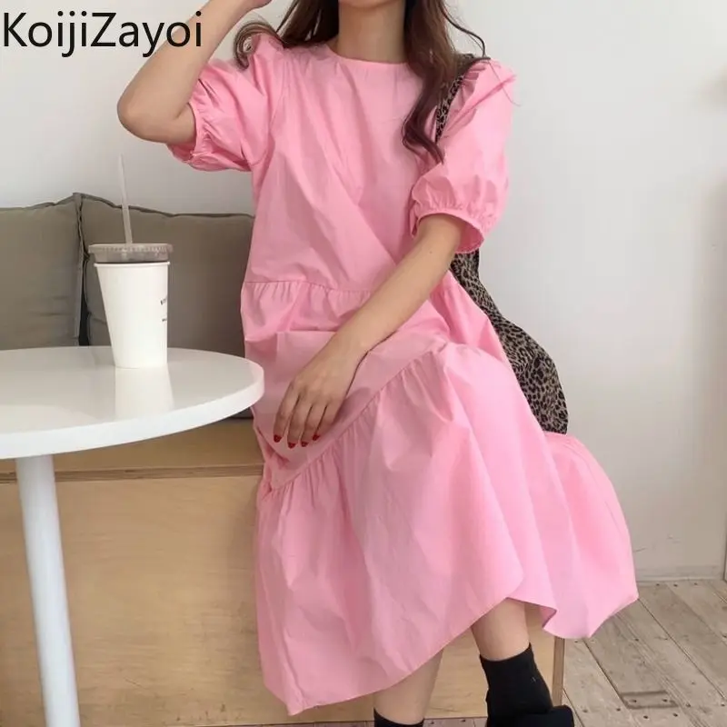 

Koijizayoi Solid Women Maxi Ruffled Dresses Sweet Lady Chic Kroean Summer Fashion Dresses Puff Short Sleeves A Line Vestidos New