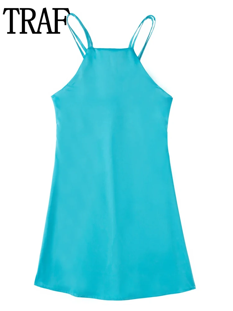

TRAF Blue Female Dress Off Shoulder Halter Dress Woman 2022 Sexy Backless Summer Slip Dress Metal Ring Beach Short Dresses Women