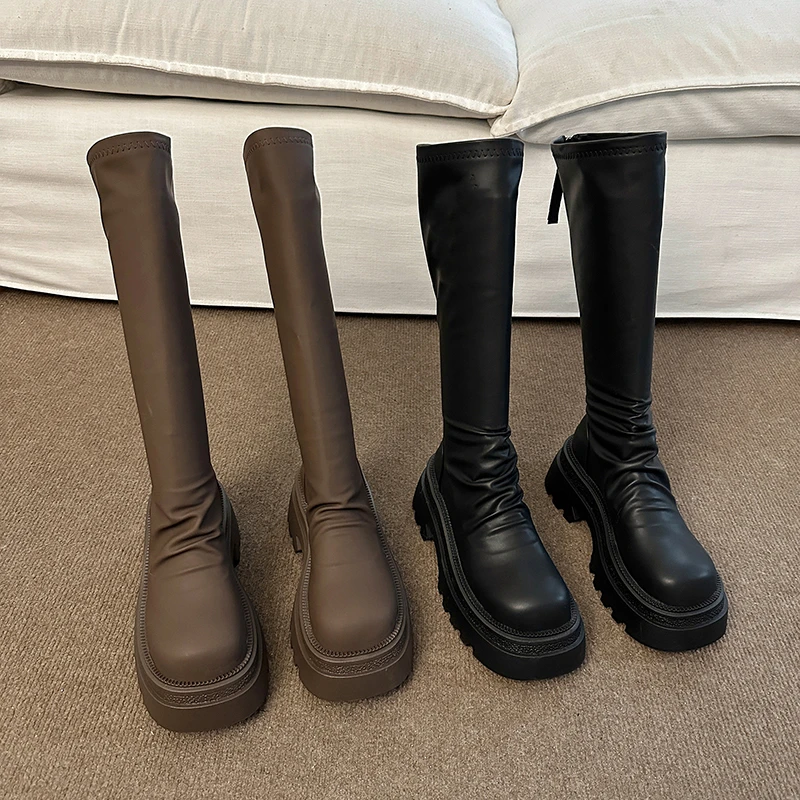 

Brown Back Zipper Pile Boots for Women 2023 Autumn/winter New Muffin Thick Bottom Small Network Red Mid-leg Doc Martens Boots