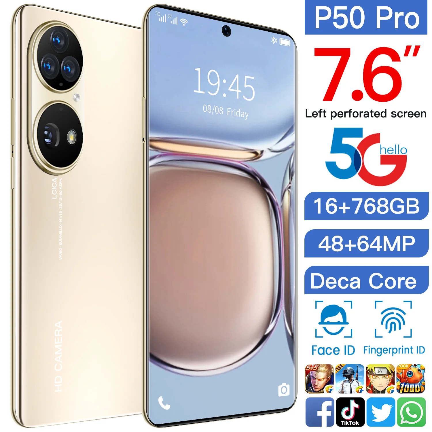 Smartphone P50 Pro 16GB RAM 768GB ROM 7.6 Inch Perforated HD Screen Global Version Smart Phone Android 11 Unlocked Mobile Phones