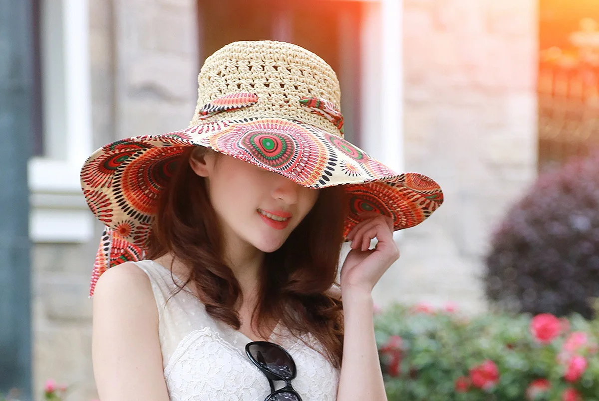 

Fashion Sun Hat for Women Holiday Beach Straw Hat Female Hollow Printed Bow Summer Big Brim Hat Fold Uv Protection Floppy Hat