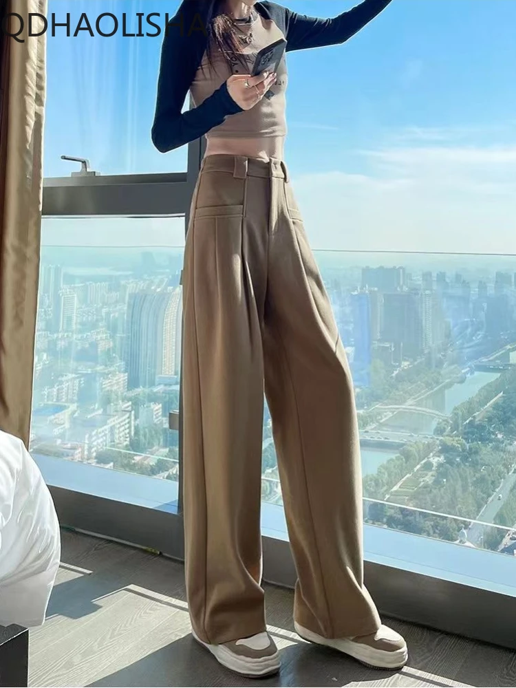 

Женские бархатные брюки, зимние широкие брюки с высокой талией и драпировкой, Модная элегантная женская одежда, Повседневные Плюшевые брюки, новинка 2023