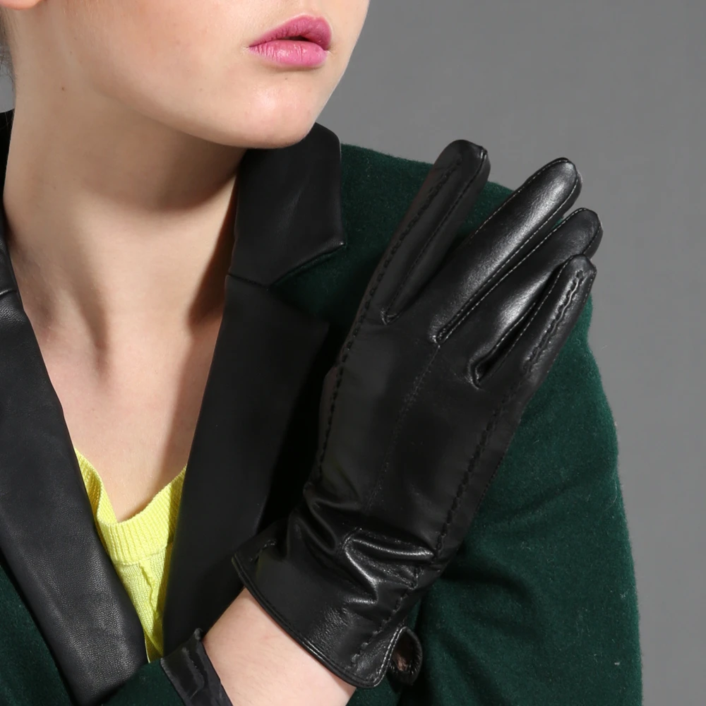 GOURS Winter Real Leather Gloves Women Black Genuine Goatskin Gloves Fashion Fleece Lining Warm Soft Driving Fashion New GSL031