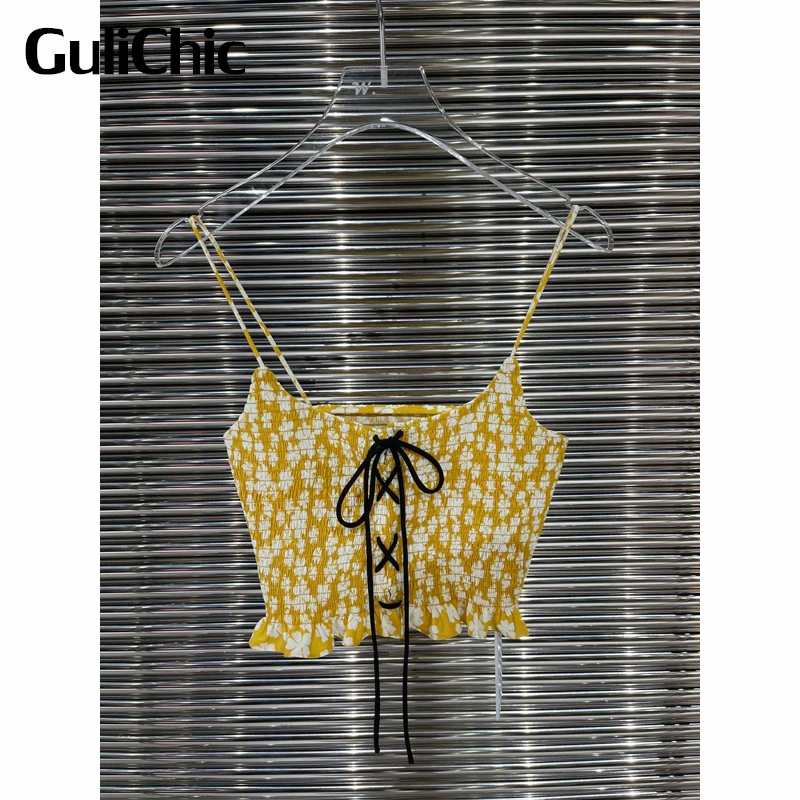 

5.18 GuliChic Women Print Lace-Up Ruched Slim Ruffle Hem Suspender Short Tank Top Or Sexy Halter Neck Chains Denim Dress Set