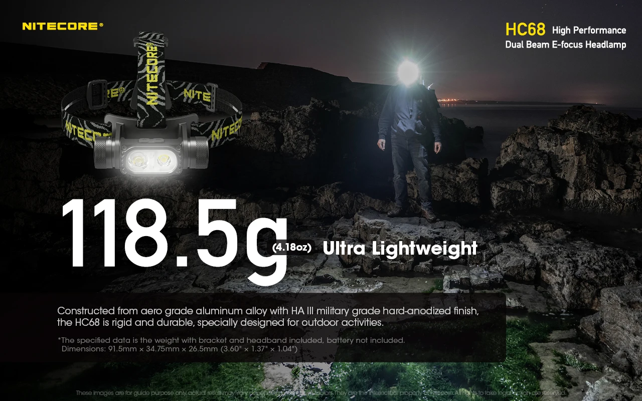NITECORE HC68 Высокопроизводительный двухлучевой фокусирующийся светодиодный фонарь для головы + аккумулятор NL1835HP для открытого кемпинга.