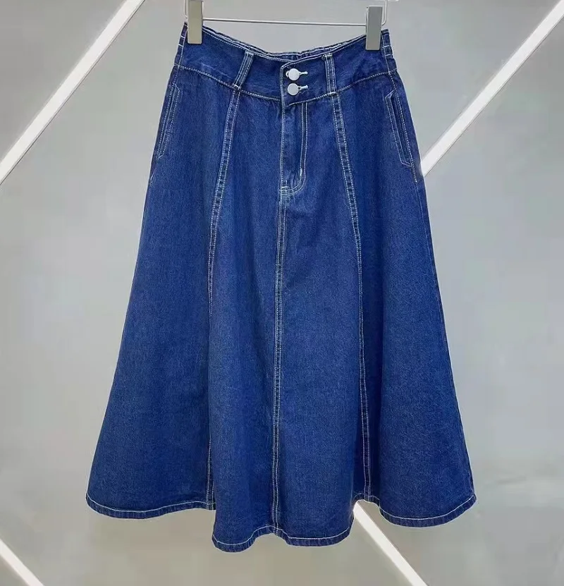 High Quality New Denim Skirts 2022 Autumn Style Women Elastic Waist Color Block Stitching Mid-Calf Large Swing Blue Jeans Skirt