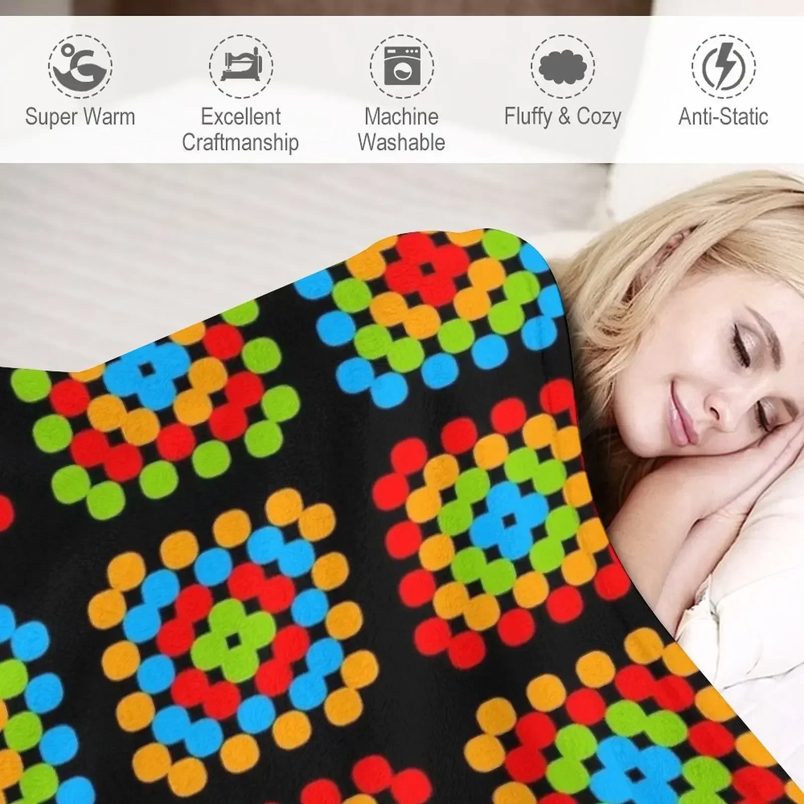 Бабушки Квадраты черный фон синий оранжевый зеленый плед туристическое