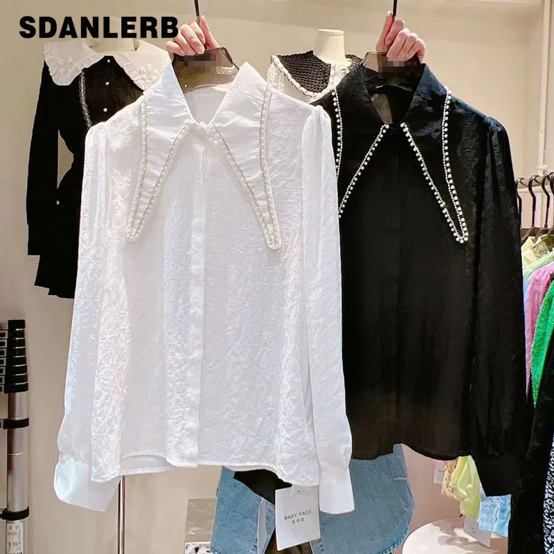 

2022 Spring New Blouse Heavy Industry Beads Pointed Collar Bottoming Shirt for Women Fashion Long Sleeve Temperament Top