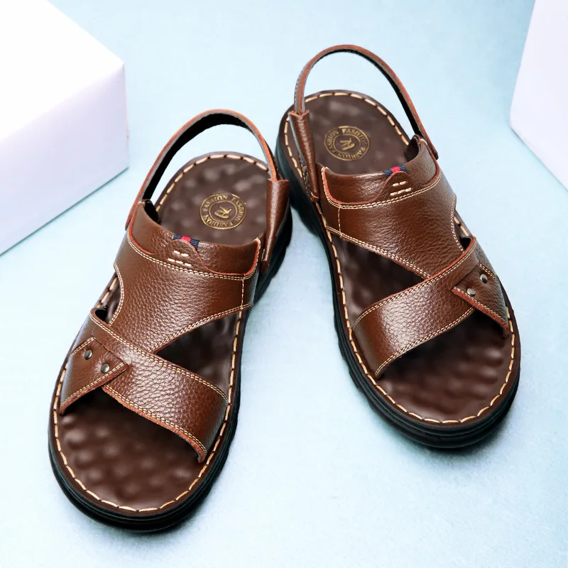 

Men Sandals Casual Shoes Genuine Leather Solid Color Round Shape Thick Bottom Breathable Non Slip Slippers