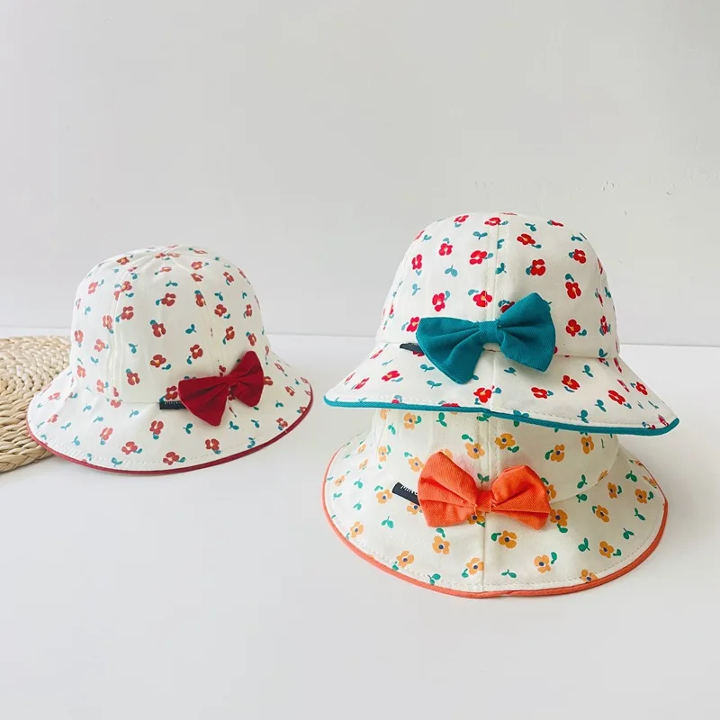 

Spring Summer Floral Print Bow Baby Hat Fisherman Kids Sun Cap For Girls