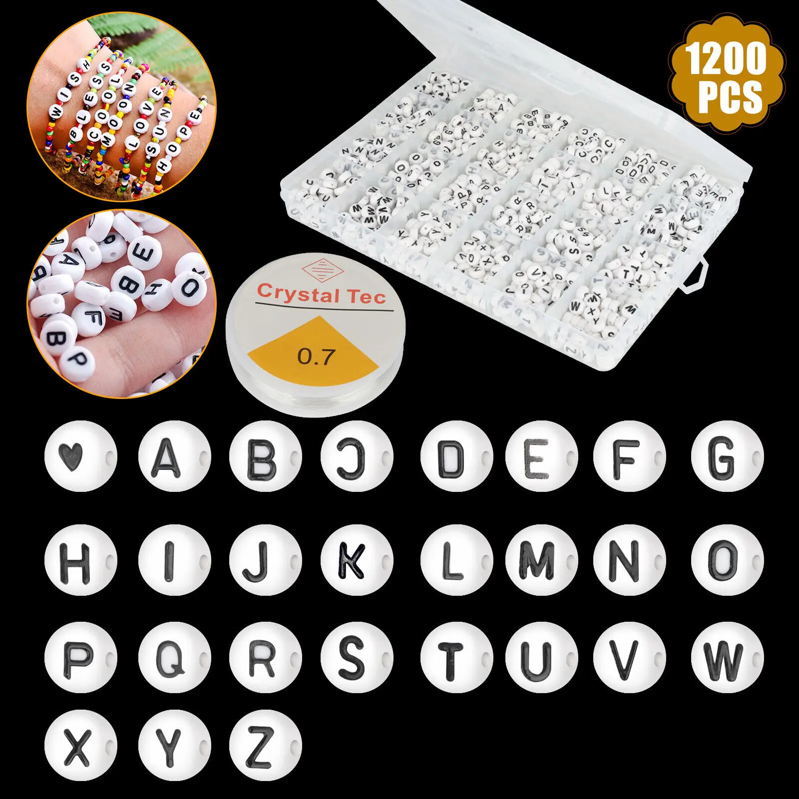 

1200PCS 7mm/0.28in A to Z Alphabet Letter Beads With Heart Round Beads DIY Craft