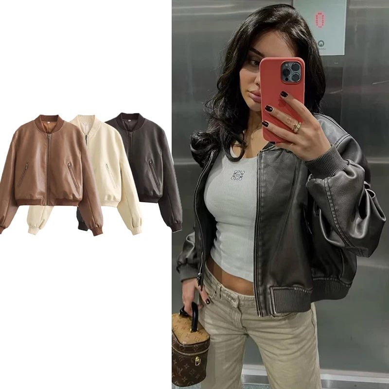 

Jacket Autumn Women's 2023 New Loose Imitation Leather Bomber Jacket Coat Women Street Winter Chic Warm Coat Joker Outerwear