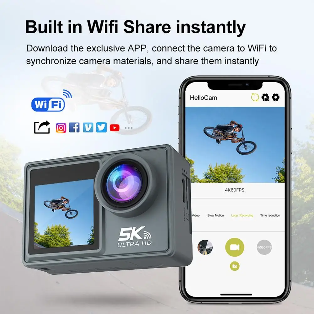 

5K 30FPS Action Camera Dual IPS Screen Waterproof Bike Action Cam 170 Degree Wide Angle Remote Control WiFi Timed Photo SD 128GB