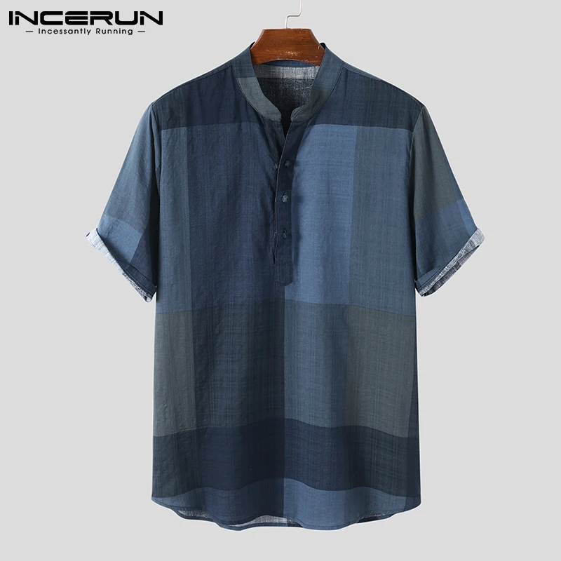 

2022 Men Plaid Shirt Stand Collar Short Sleeve Button Casual Men Clothing Breathable Cotton Vintage Leisure Camisetas INCERUN