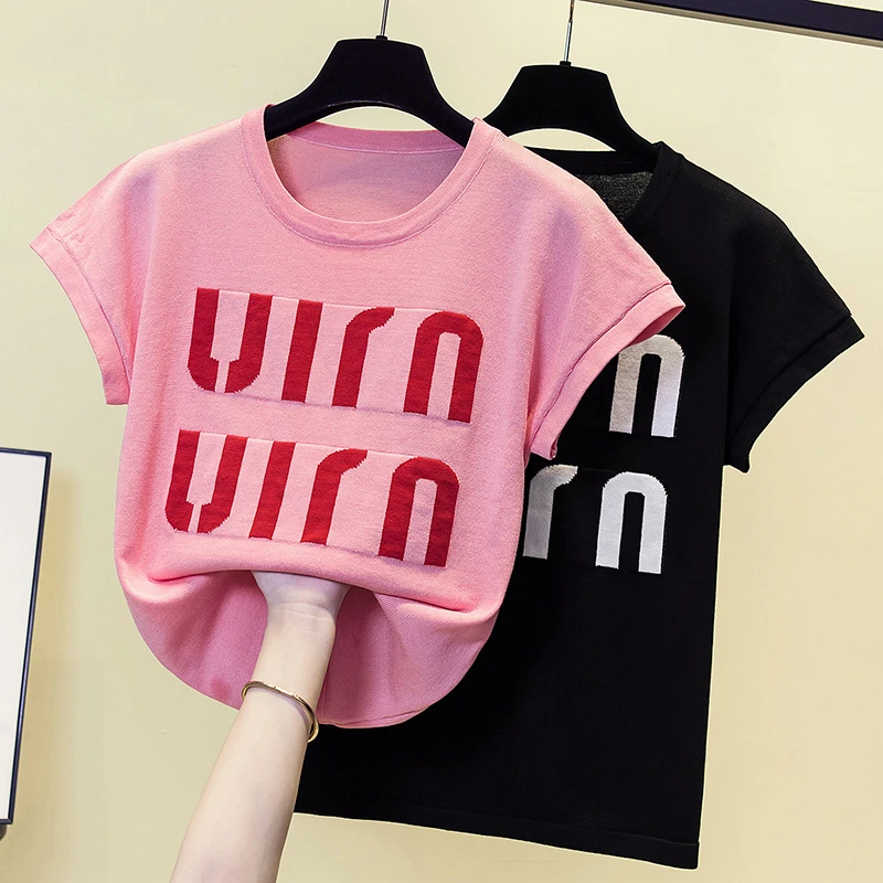 

2023 Summer Letter Knitted Tshirt Tops Women Sweater Casual Korean Fashion Loose Pullover Short Sleeve O-neck Female Knitwear
