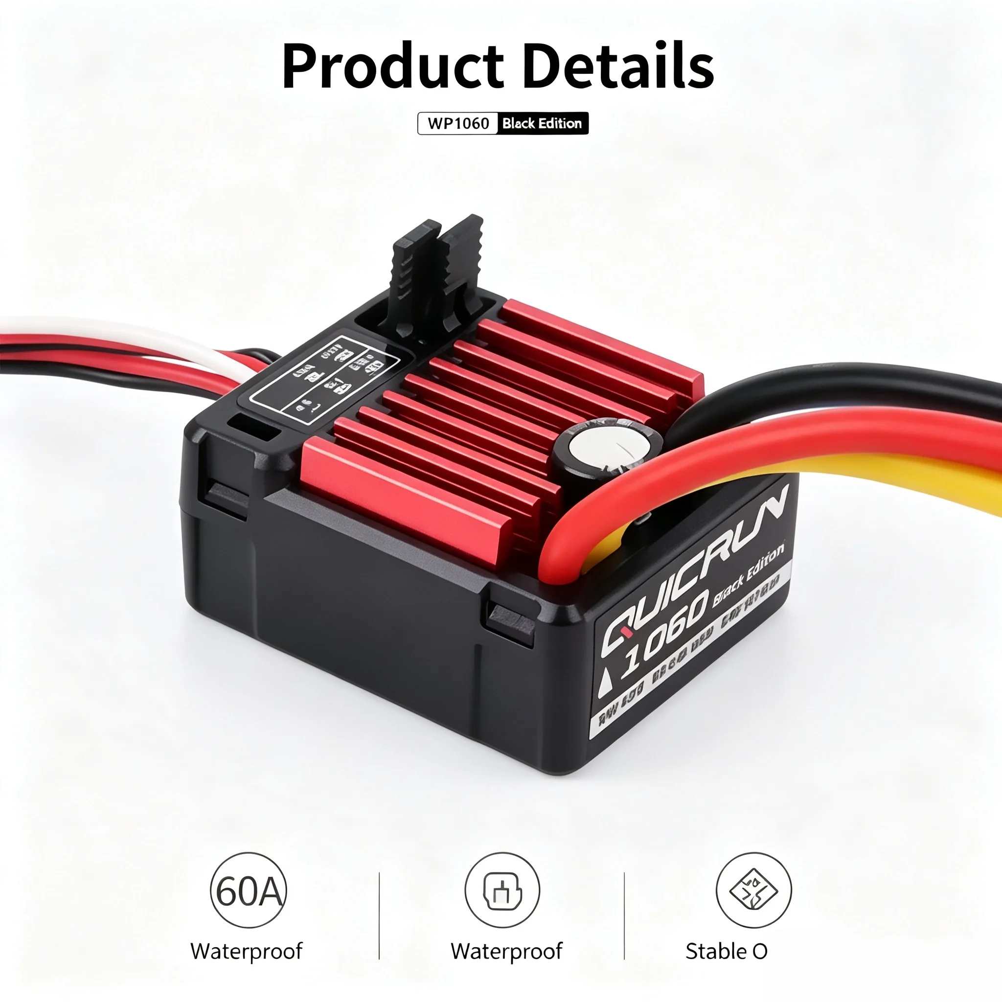Фото HobbyWing QuicRun WP‑1060 60A водонепроницаемый ESC для коллекторных двигателей 2‑3S Lipo с BEC 6V/3A для радиоуправляемых моделей 1/10: краулеров, багги, монстер-траков, танков. №1