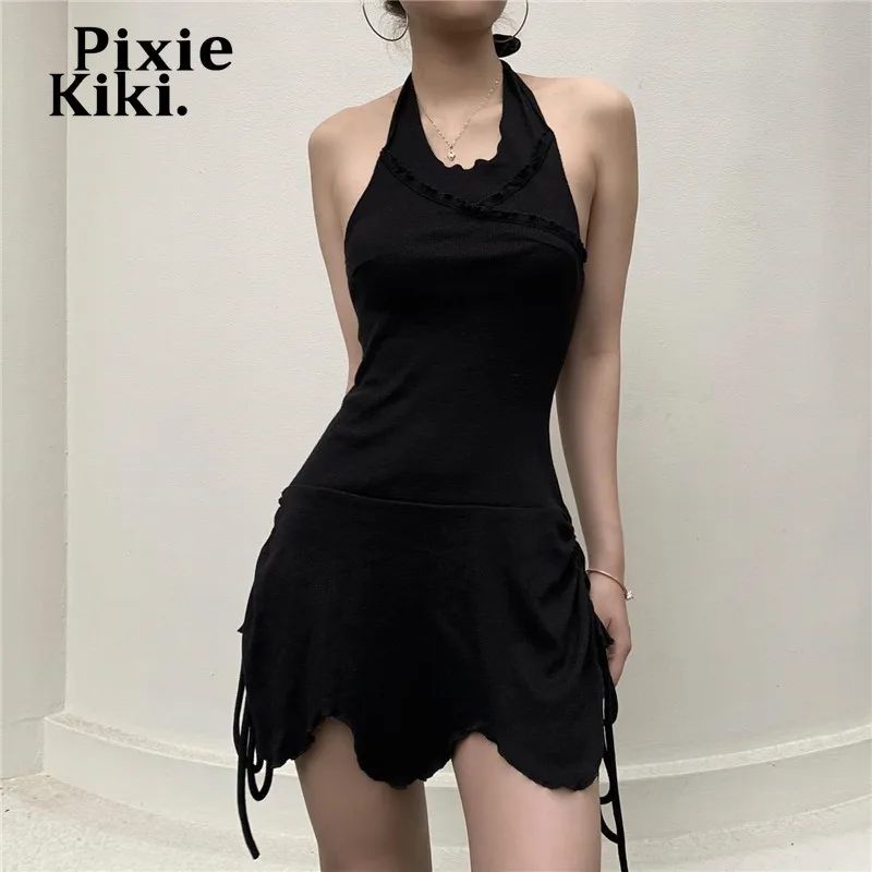 

Платье PixieKiki с завязками, черное платье с лямкой на шее, модная сексуальная летняя одежда для женщин, облегающие мини-платья с открытой спино...