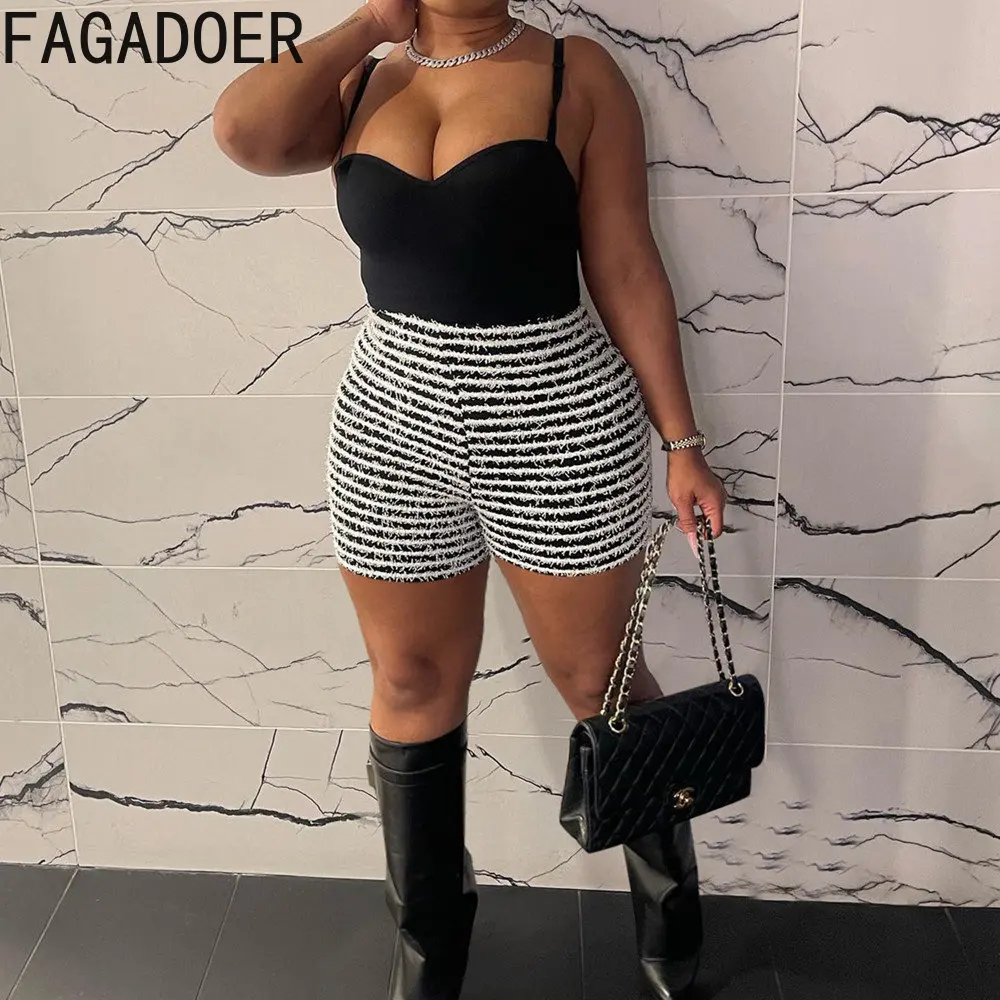 FAGADOER Fashion Stripe Printing Shorts Women High Waist Skinny Clothing Casual Solid Color Matching Bottoms Summer New Shorts