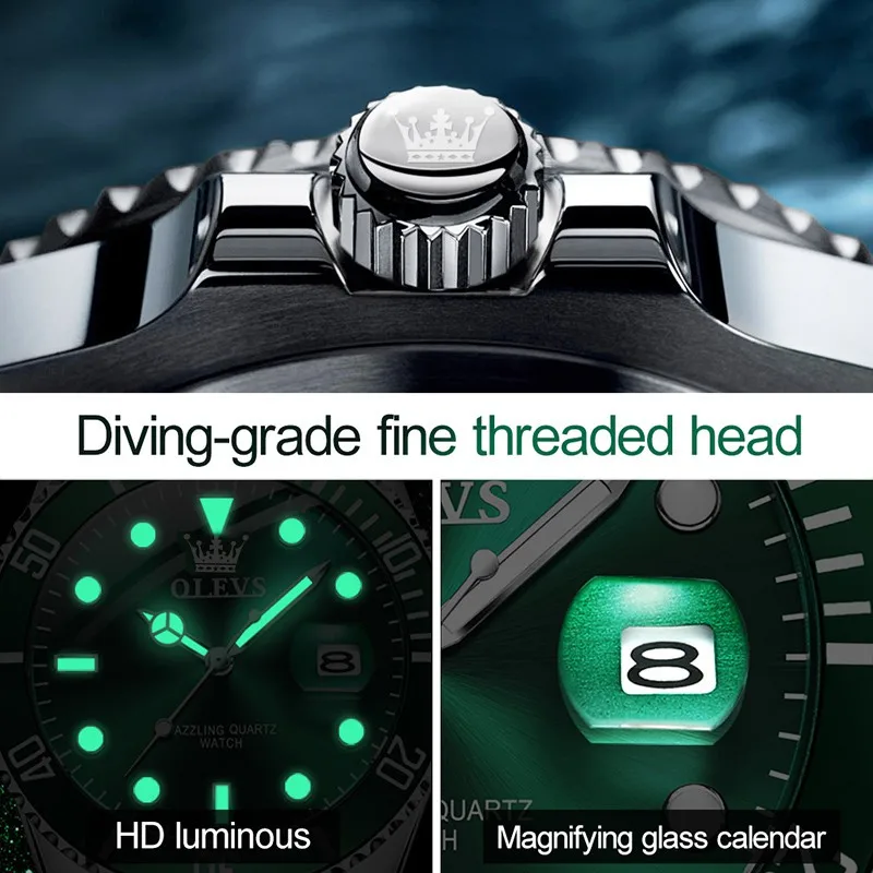 OLEVS Couple Watches Luxury Original Quartz Men and Women Green Wristwatch Waterproof Luminous Date Week His and Her Sets