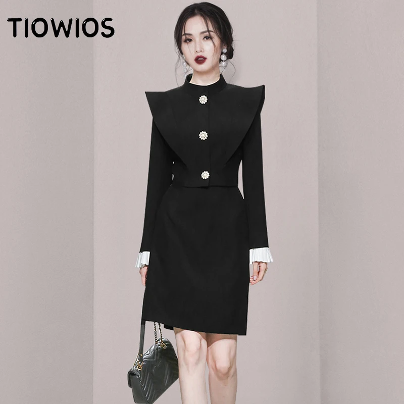 

TIOWIOS 2022 Two-piece Autumn New Ladies Temperament Fashion Coat Black Coat Professional Skirt Suit Women