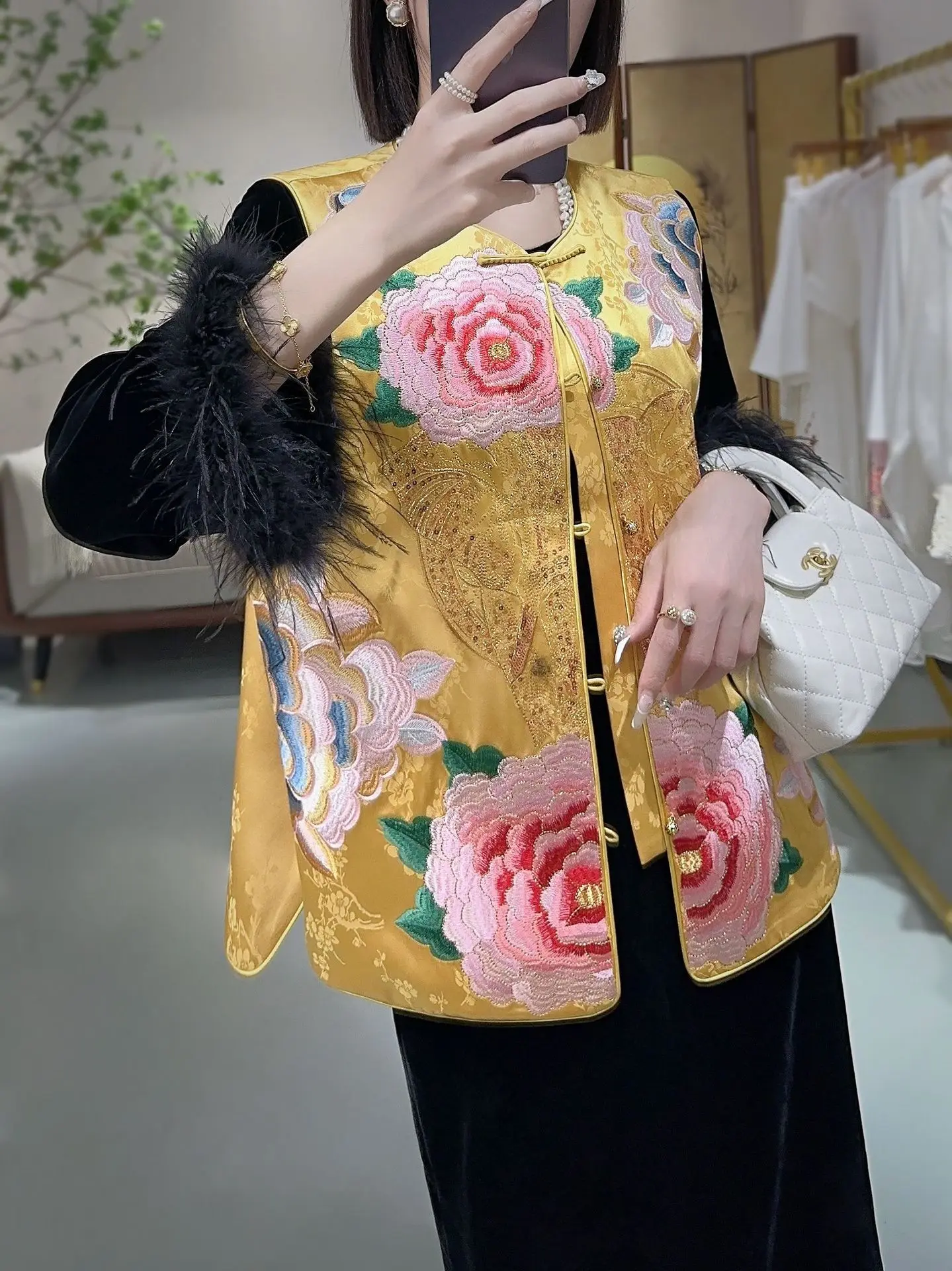 Женский жаккардовый Топ без рукавов элегантный однобортный с вышивкой пиона и