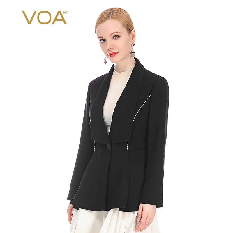 

VOA Fashion Host Show Turn-down Collar Black Silk Jacket Women Autumn Office Ladies Coat Long Sleeve Suit Woman Coats Chic WE37